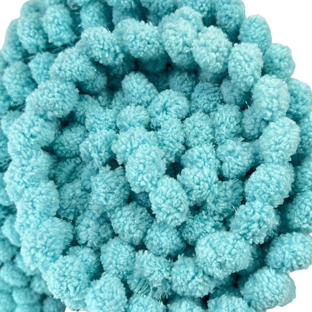 Blue Green Open Weave Pom Pom Scarf with Pom Pom Tassels L 58" W 7" Fringe 2"